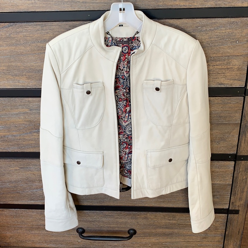 Wilson’s Leather cream motorcycle jacket.